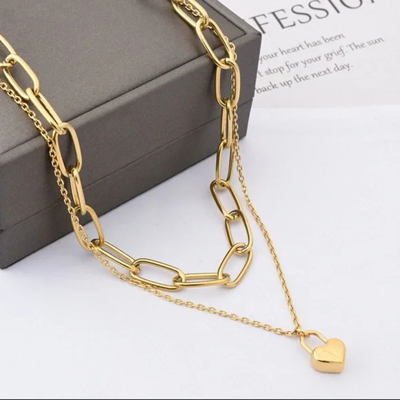 18K Gold Plated Layering Heart Lock Pendant Necklace - Picture 11 of 14